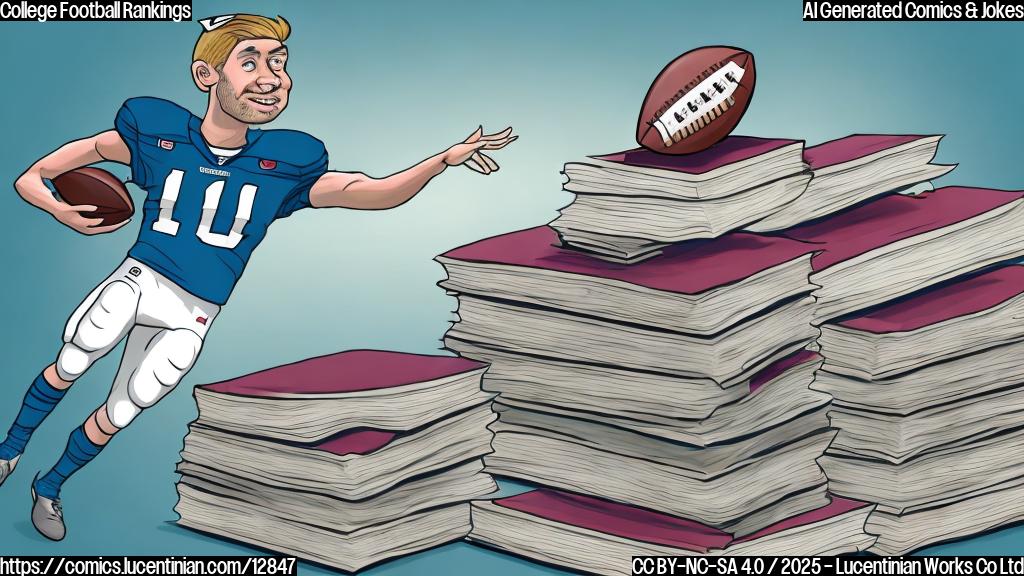 A cartoon-style image of a football wearing a crown, sitting on top of a large stack of books labeled "College Football Rankings," with a surprised expression. The background is a plain light blue.