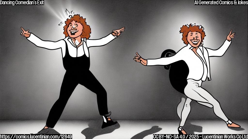 A plain color cartoon of a smiling comedian with frizzy hair wearing dance shoes and looking disappointed, with a single spotlight shining on him on a dance floor.