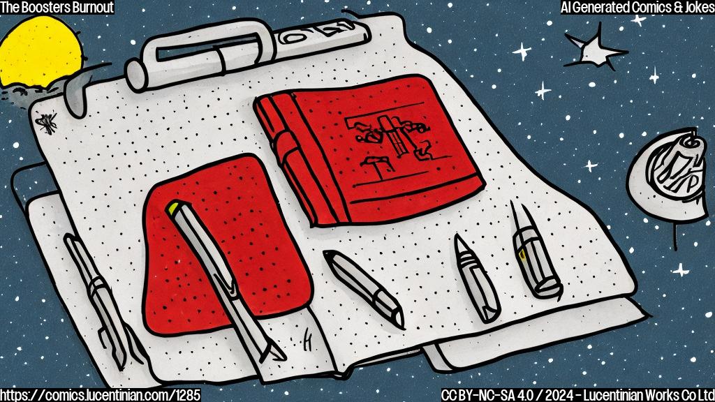 Draw a simple cartoon style illustration of a spaceship with a sad, burnt-out look on its face, holding a therapist's notebook and pen, in the background a bright red sky with stars.