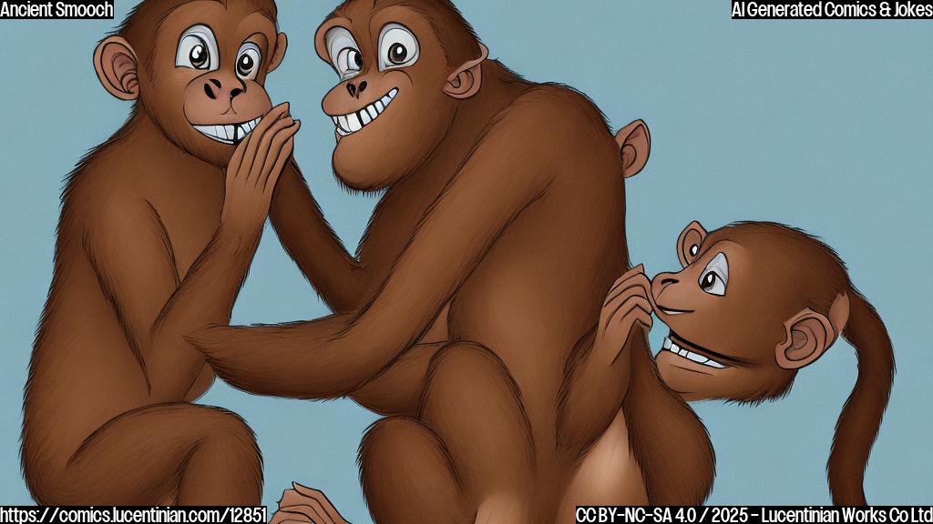 Cartoon drawing of two brown furred primates with large foreheads kissing against a plain blue background. Simplistic style.