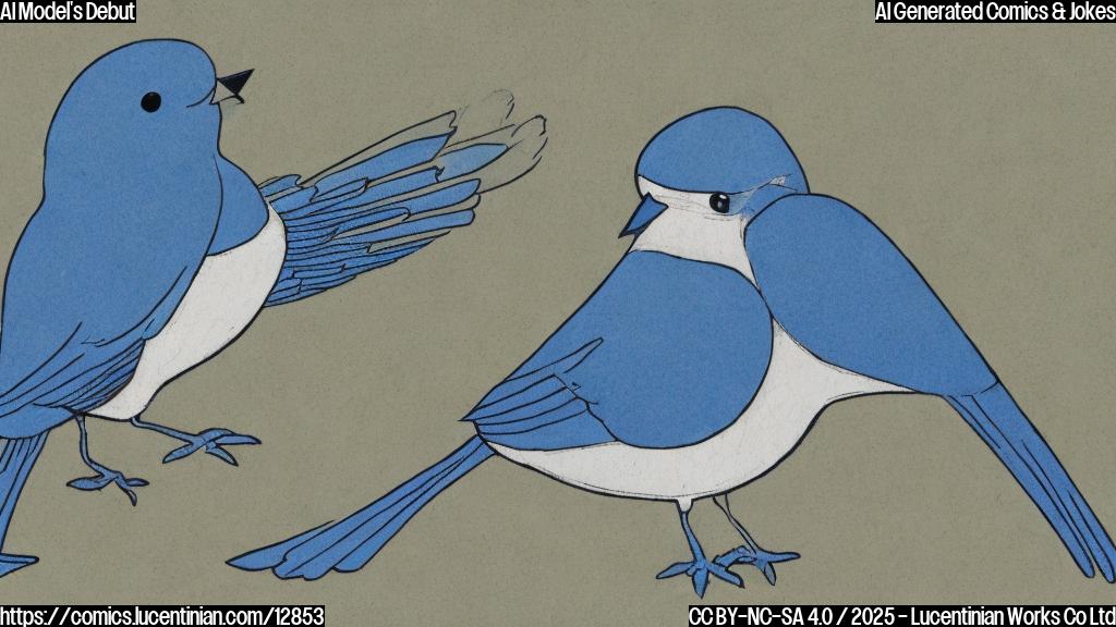 a simple, plain color cartoon of a blue bird tweeting "Geminiii" with three "i"s. The bird has a slightly confused expression.