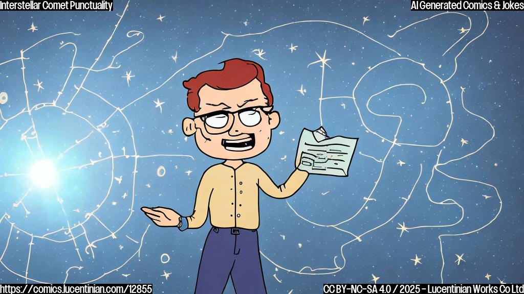 A cartoon comet with a worried face, wearing glasses and holding a map of stars, floating through space. The background is a plain light blue.