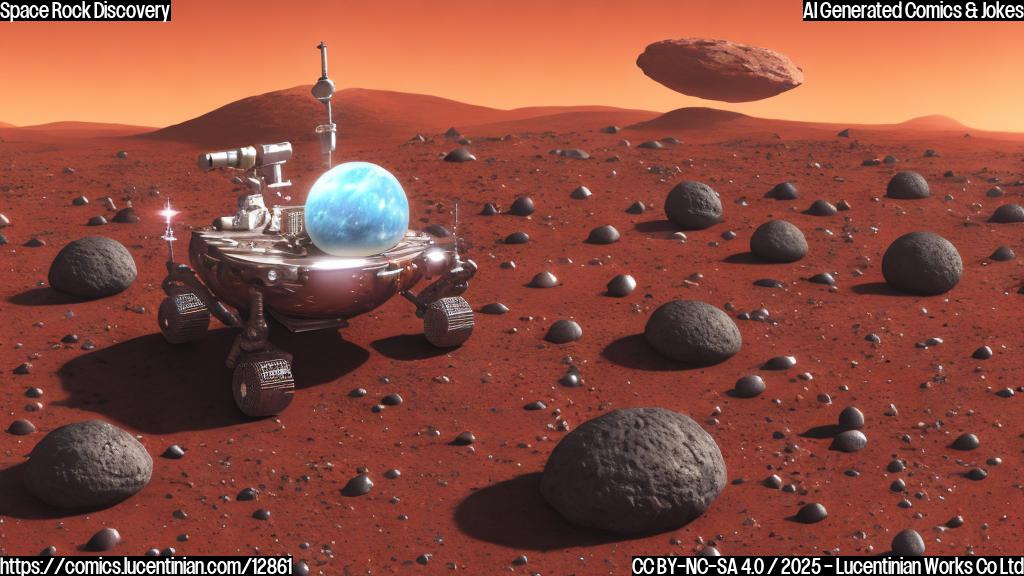 A cartoon style image of a friendly, round, metallic space rock with craters, smiling and clinging to the wheel of a futuristic rover on a red, rocky Martian landscape. The sky is a gradient of orange and pink.