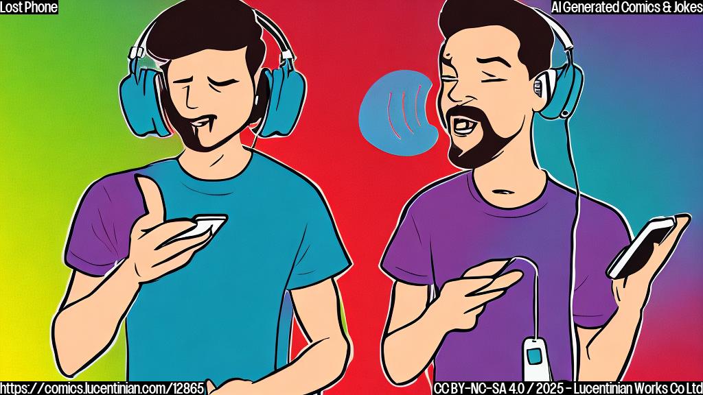 Cartoon drawing of a person with wireless earbuds in, looking frustrated and pointing at their phone which is ringing loudly on a table in front of them. The background is a simple, plain color gradient.