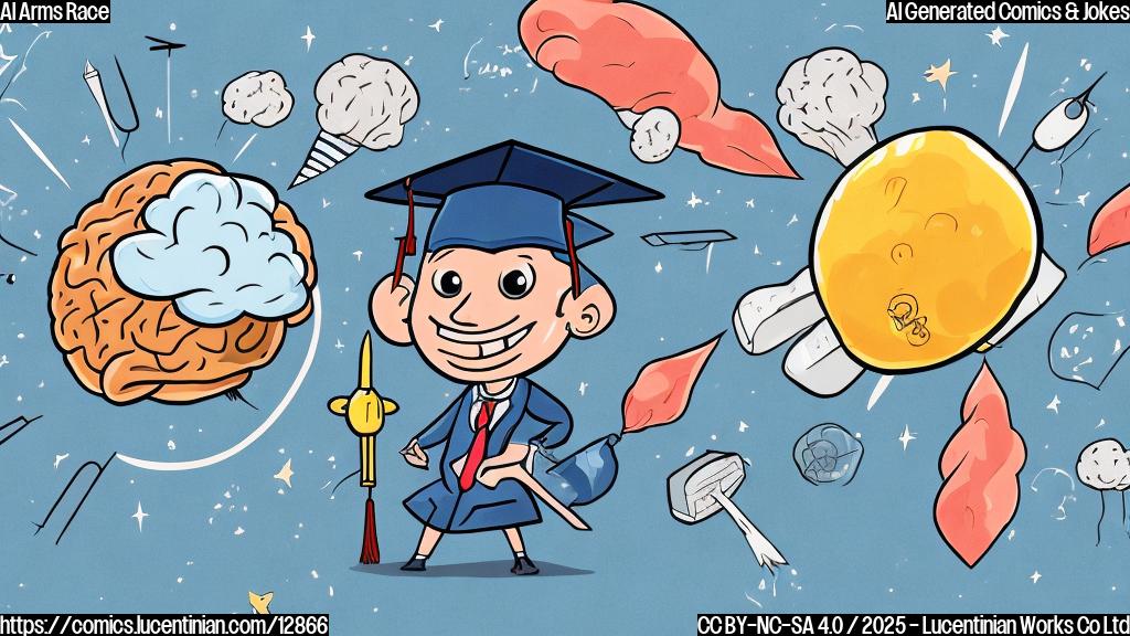 A worried cartoon brain wearing a graduation hat, sweating nervously while looking at a rocket ship with the logo of a competitor launching into the sky. The background is a plain light blue color.
