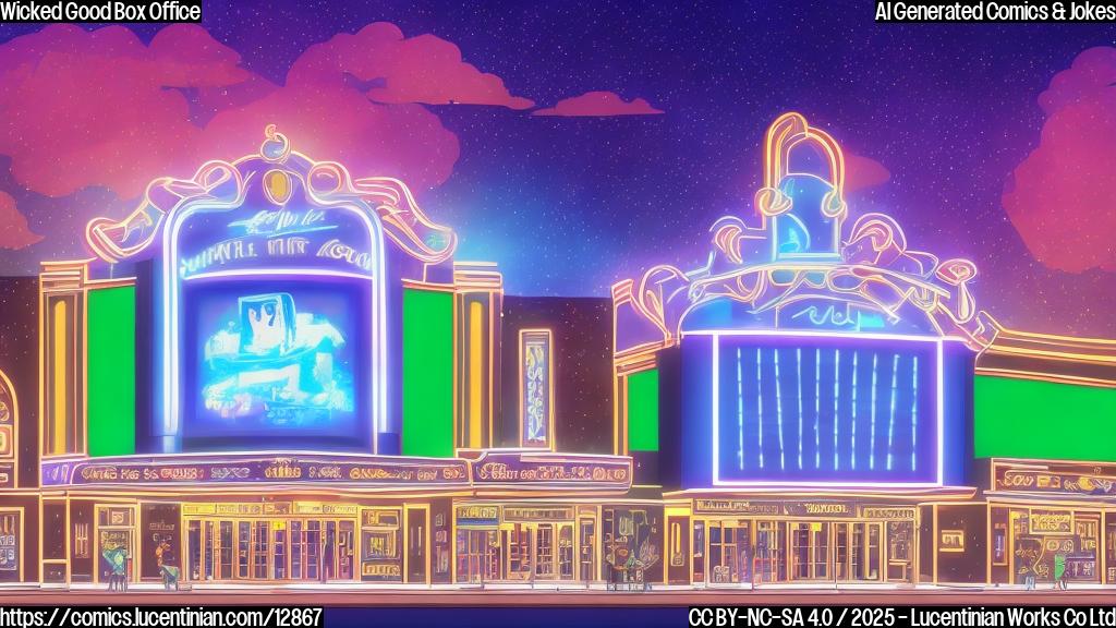 A movie theater, depicted as a simple cartoon building with a marquee, emitting musical notes from its roof. The musical notes are colored green. The building is colored with bright colors. The background is a solid light blue.