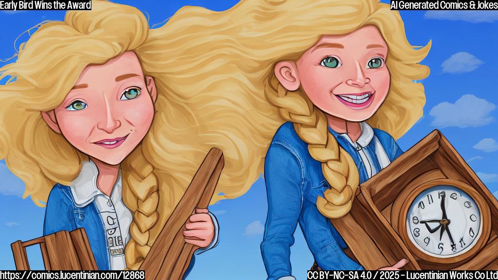 Cartoon illustration of a woman with long blonde hair, wearing a denim jacket and cowboy boots, carrying a large wooden ladder towards a giant alarm clock with the letters "GMA" on its face. The background is a bright blue sky with fluffy white clouds. The style is simple and colorful, like a children's book illustration.