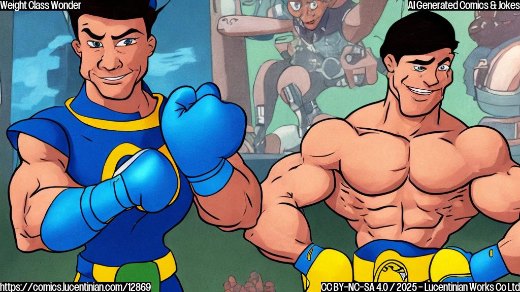 A cartoon drawing of a muscular fighter with short dark hair wearing blue gloves looking shocked. In the background is a championship belt with a 'W' on it. The background is a plain green color.
