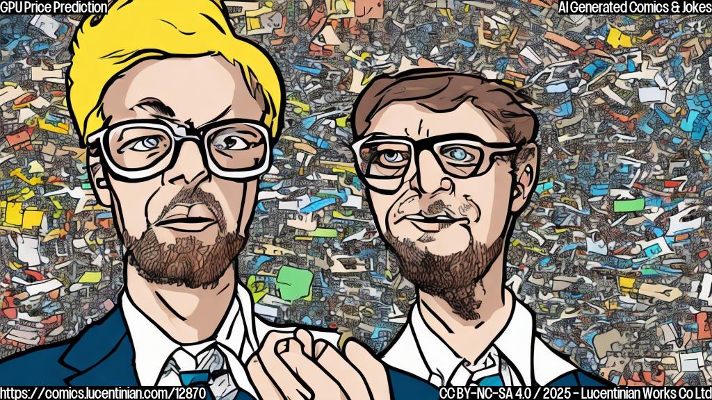 Plain color cartoon style image of a confused looking person with glasses surrounded by graphics cards, with a speech bubble saying "2026?".