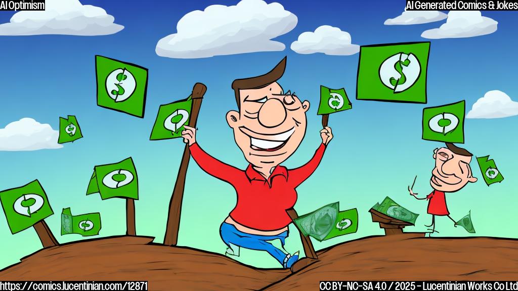 Cartoon drawing of a very happy investor with green dollars signs in their eyes, standing next to a tilted seesaw with a sad face on the ground. The sky is bright blue with stylized clouds. The style is simple and colorful.