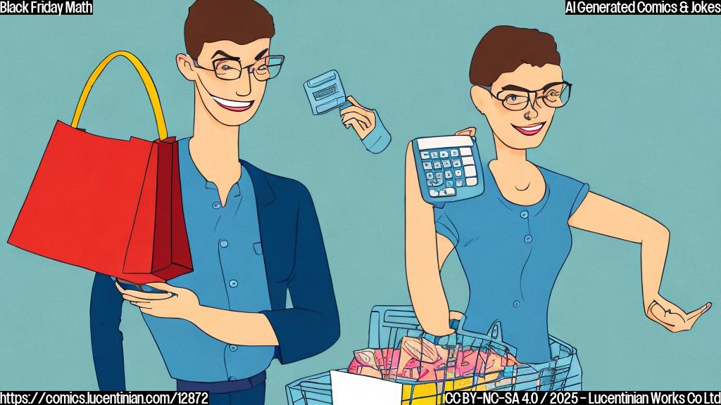 A cartoon style image showing a shopper with a determined expression holding a calculator in one hand and a shopping basket overflowing with goods in the other. The background is a plain light blue color.