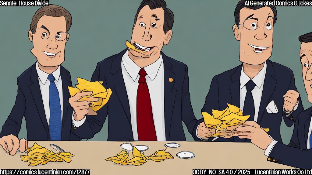 Two cartoon figures, one taller and wearing a suit, representing a senator, and another shorter and wearing a less formal outfit, representing a representative, are sitting at a table facing away from each other. A half-eaten bag of chips sits between them. The background is a blurred image of the Capitol building.