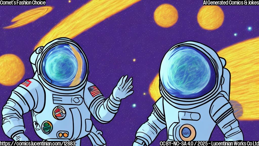 A cartoon-style drawing of a bright comet with a visible tail, looking unimpressed at a futuristic-looking spacesuit floating nearby. The background is a plain blue color.