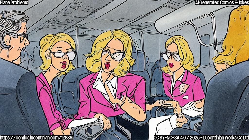 Cartoon style image of an airplane interior. A blond woman with sunglasses is arguing with a flight attendant. A police officer is escorting the woman off the plane. The style is plain color, like a children's book illustration.