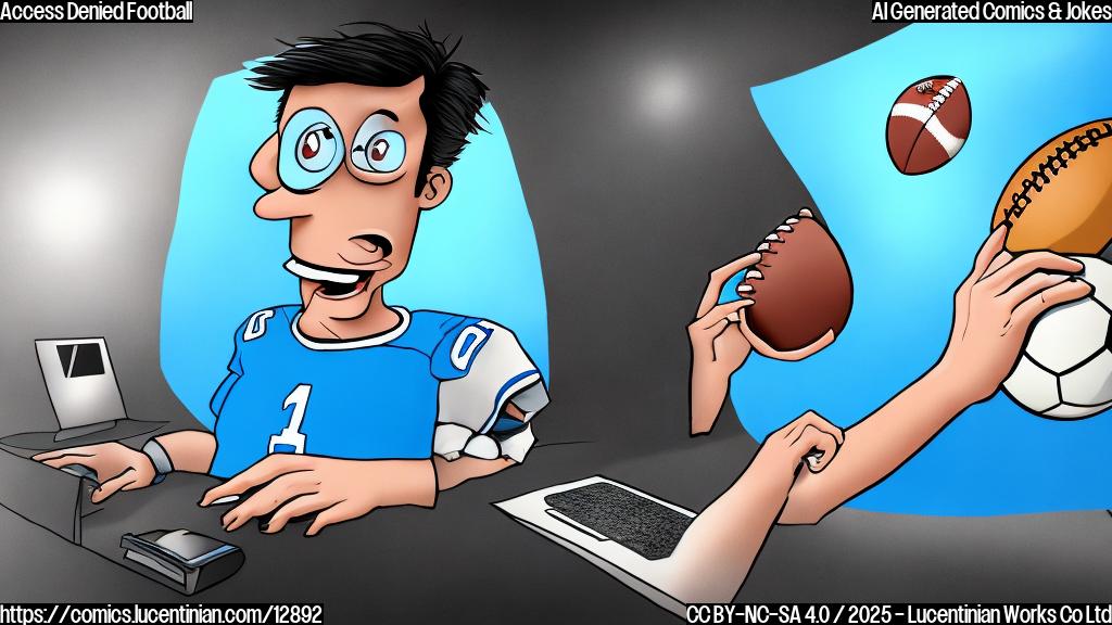 A frustrated cartoon football fan with a jersey sits in front of a computer screen with a giant "ACCESS DENIED" message. The background is a plain light blue.