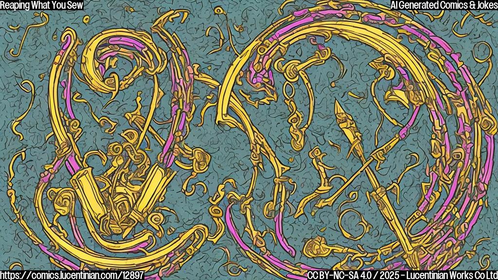 A simple, cartoon style image with a plain light yellow background. In the center, depict a small, stylized reaping hook (a scythe) made of metal with a wooden handle, adorned with a tiny, colorful bow.