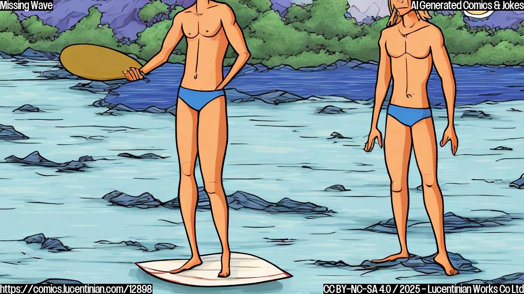 A sad surfer with light blond hair wearing blue swimsuits standing on a dry river bed. Cartoon style, plain color background.