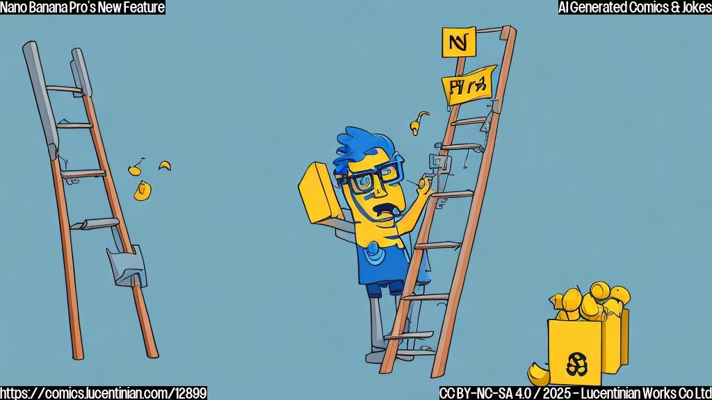 Cartoon style, plain light blue background, a programmer with glasses and a t-shirt with binary code on it is holding a comically large ladder and squinting at a digital banner displaying the words "Nano Banana Pro" in crisp, clear text.