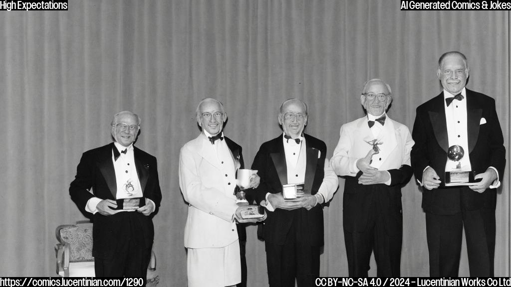 a dignified older man with a kind face, standing next to two people in formal attire, holding an award and smiling, with a small ladder at his feet