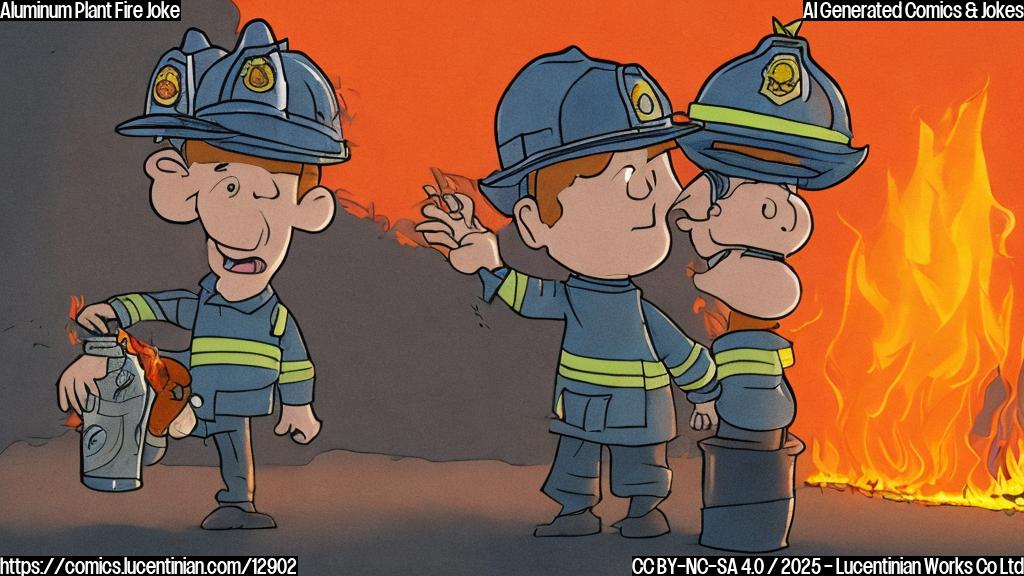 Cartoon image of a sad looking aluminum can with a tiny firefighter hat, standing next to a burning factory. The sky is orange and smoky.