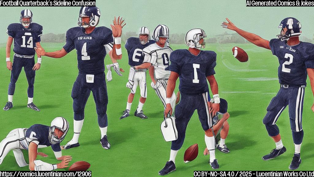 A cartoon image of a football quarterback with a confused expression, standing on the sideline. A coach is next to him using exaggerated mime gestures. The background is a simple green field with a blurry crowd. All in plain color style.