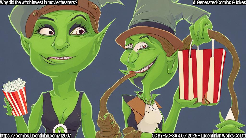 a cartoon style image depicting a green-skinned witch with a pointed hat and hooked nose, holding a bag with a dollar sign on it, standing in front of a movie theater with a large sign that reads "Now Playing: A long awaited musical". The style is plain color, simple, and cheerful.