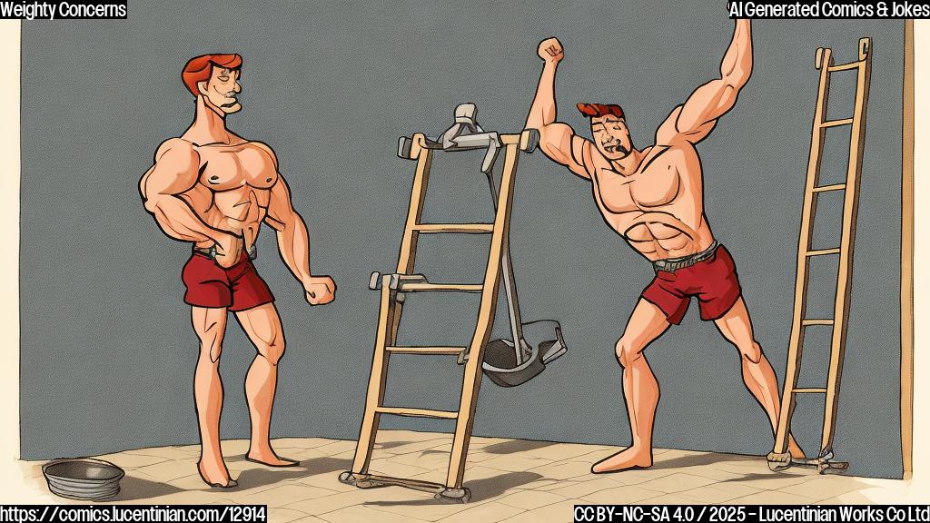 a cartoon image of a muscular man in fighting shorts holding a ladder in front of a weighing scale, plain color background.