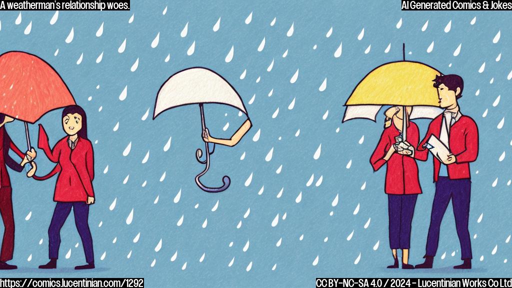 Draw a plain color cartoon style picture of a man holding a weather map with rain and snow symbols on it, looking worried and standing next to a woman who is walking away from him, also holding a umbrella.