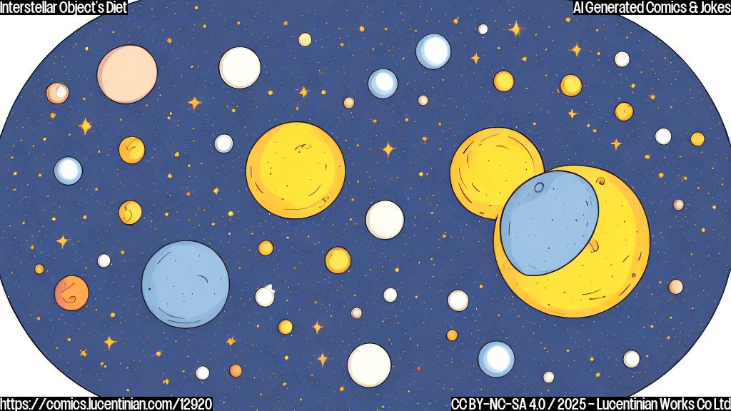 Plain color cartoon illustration of a celestial body with a slightly worried expression, surrounded by tiny, sparkling objects. The celestial body has faint, sideways lines emanating from it. The background is a simple dark blue.