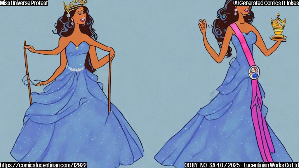 A cartoon drawing of a beauty queen with a tiara, sash, and evening gown carrying a ladder. The background is a plain, light blue color.