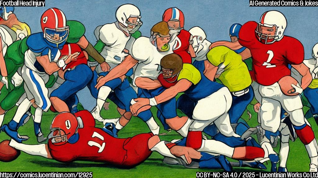 a plain color cartoon style picture. In the scene, a football player wearing a blue helmet is carrying a red ladder onto a green football field.