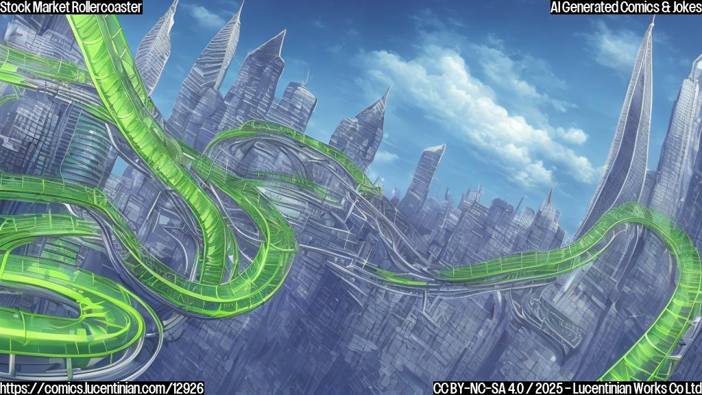 Cartoon image of a green ascending line and then suddenly descending and then ascending again, resembling a rollercoaster. In the background, stylized skyscrapers and clouds in a plain color, maybe blue. A cartoon character with a briefcase riding the line with a worried expression.