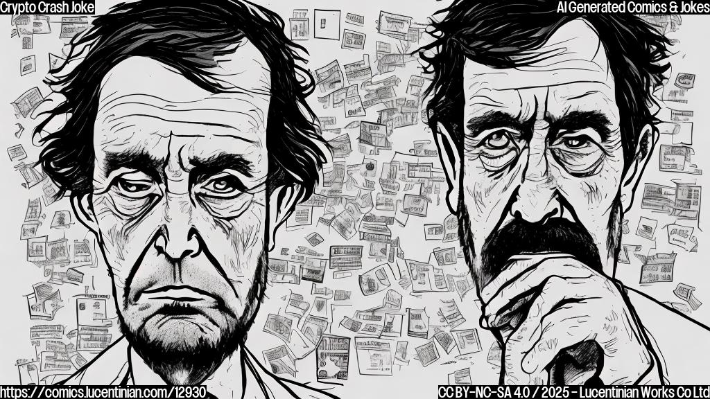 Cartoon image of a sad-looking man with messy hair, slumped over a computer showing a sharply declining graph. The color palette should be muted and depressing, using grays and desaturated blues. The style is plain and simple, resembling a newspaper cartoon.