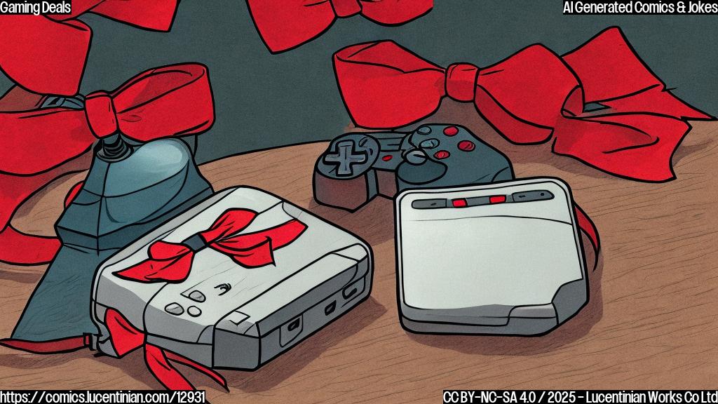 A plain color cartoon style image of a sad looking, generic, game console crying next to a shining, new console wrapped in a big red sale bow.