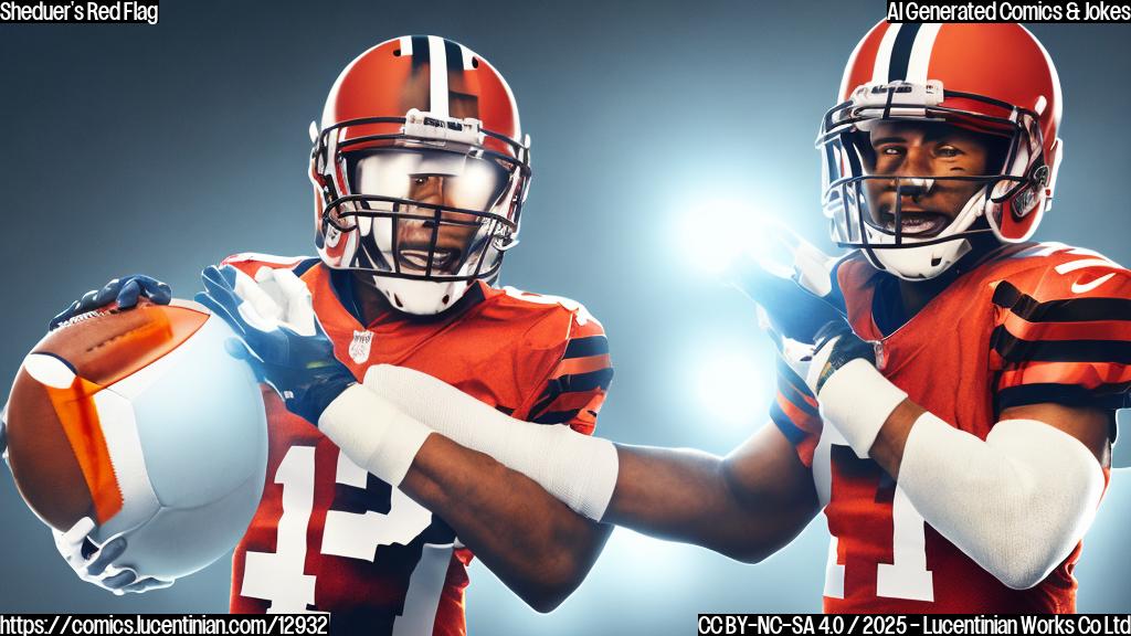 Generate an image of a football player with a bright light shining around him, holding up a football with a red X marked through it. The player is wearing a Cleveland Browns jersey and has a determined expression on his face.