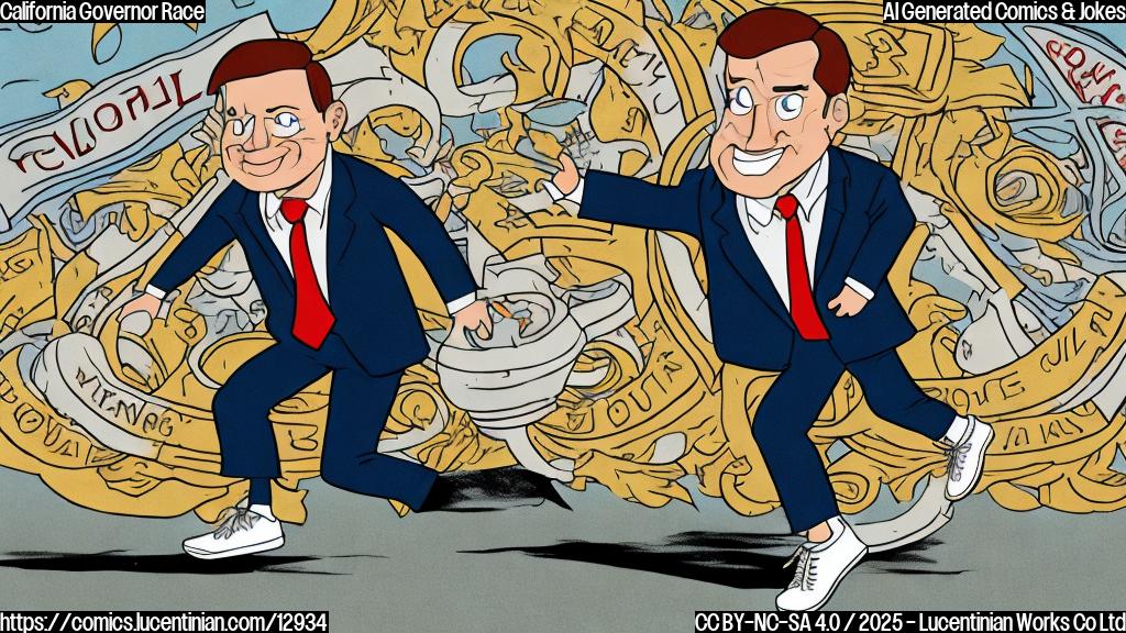 Cartoon drawing, plain color background, of a male character wearing a suit and sneakers running on a road with a "GOVERNOR" banner in the background. The character has dark hair, a determined expression, and is sweating profusely.