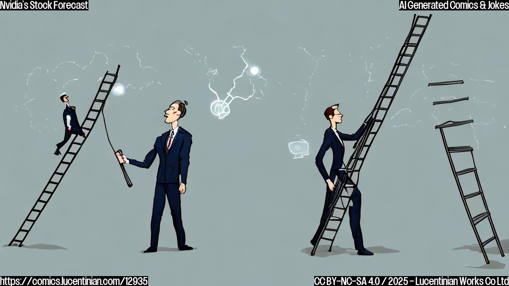 Draw a simple, cartoon-style image. In the image, there is a Wall Street analyst, depicted as a person in a suit. The analyst is holding a very long ladder, reaching far up into the sky. Near the analyst is a green stock ticker with the arrow pointing sharply upwards. The background is a plain, light blue.