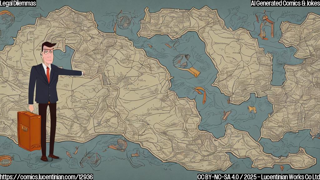 A cartoon style illustration of a lawyer with a briefcase looking confusedly at a large, old-fashioned map. The lawyer is wearing a dark suit and has a slightly worried expression. The map is labeled "Legal Territory" and features many winding roads and confusing symbols. The background is a plain, light blue color.