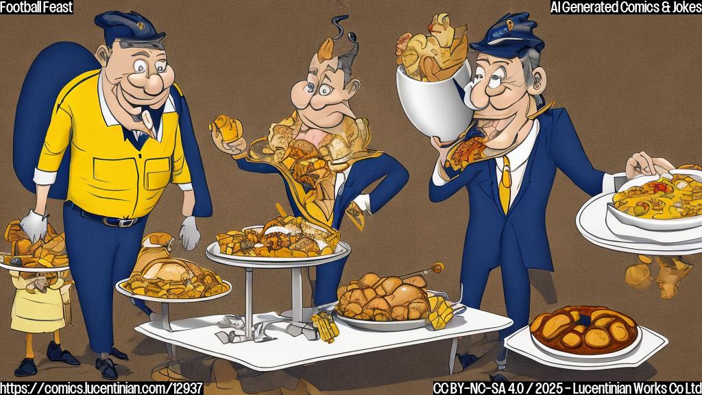 A cartoon drawing of a football coach with a whistle around his neck and a clipboard in his hand, wearing a suit, setting up a small ladder to reach into an oversized gravy boat on a table laden with Thanksgiving food. The background is a plain light yellow color.