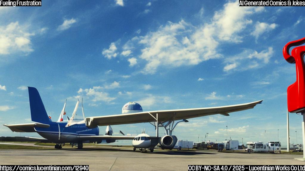 Create a simple cartoon image with a sad, blue airplane standing on a runway. A gas pump nearby has a big red "EMPTY" sign on it. The sky is a pale yellow color.