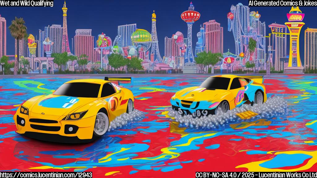 Cartoon style image of a generic race car, brightly colored, driving on a track covered in water puddles. A figure, cartoonish and simplified, stands beside the track holding a mop, looking determined. The background shows a simplified, plain color representation of Las Vegas buildings.