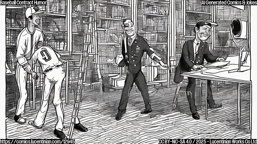 a cartoon style illustration, plain color background, showing a baseball player in uniform carrying a large ladder into an office where a person in a suit is sitting at a desk. The baseball player is smiling.