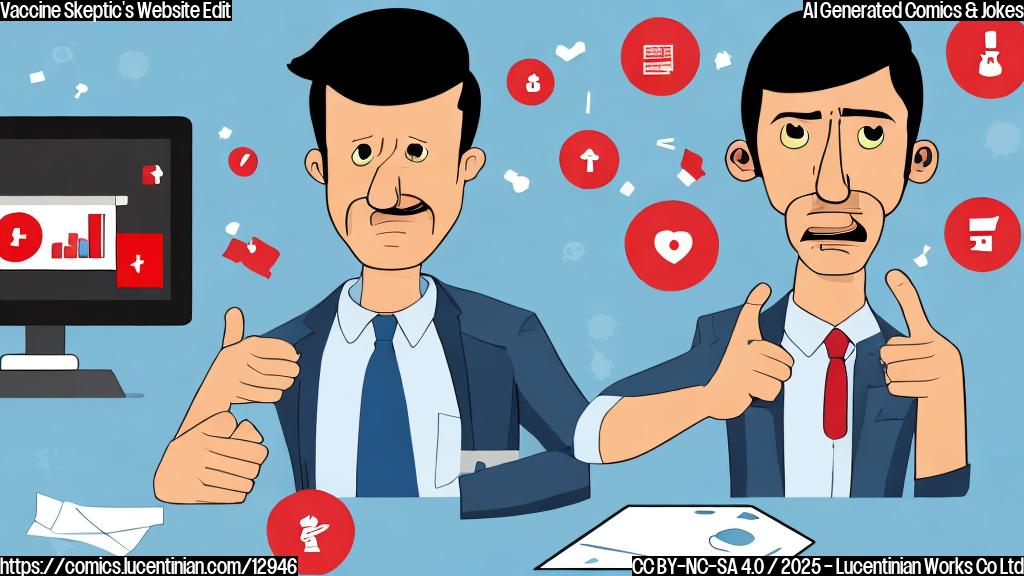Cartoon illustration of a health secretary, depicted as a man with a concerned expression and a slightly disheveled appearance. He is pointing at a computer screen with a confused look. The screen displays a simplified, cartoonish vaccine vial icon crossed out with a red "X". Background is plain light blue.