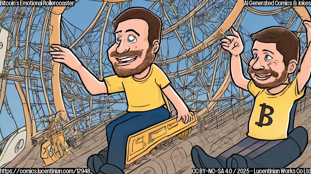 A plain color cartoon of a stressed-looking person with messy hair, sitting on a rollercoaster that is shaped like a Bitcoin symbol. The rollercoaster is going both up and down very sharply. The person is wearing a t-shirt that says "HODL" with a question mark.