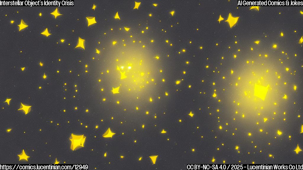 A simple, plain color cartoon style image of a gray space rock floating in dark space surrounded by yellow stars, with a confused expression on its surface (two eyes and a mouth).