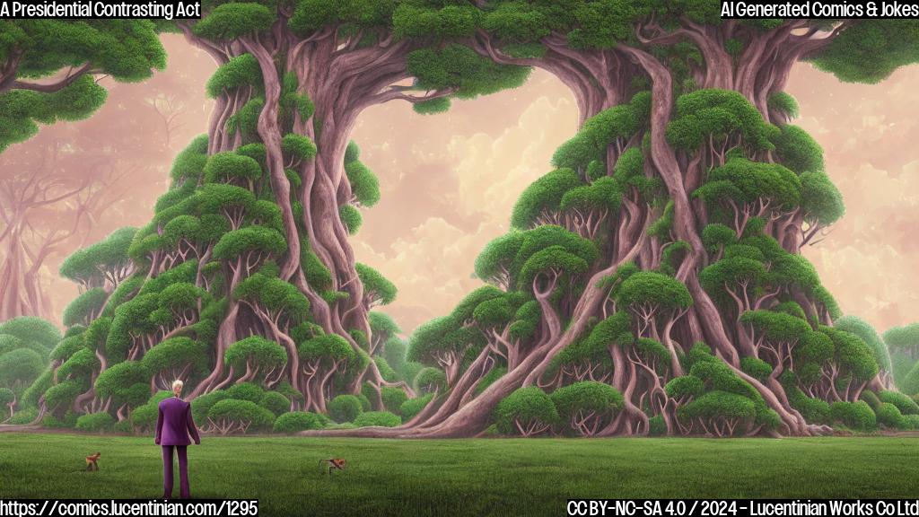 Draw a cartoon of a person (the President) standing in front of a massive tree, with a ladder leaning against it. The tree should have lush green leaves and vines. The President should be holding a small globe and wearing a concerned expression. In the background, there should be a subtle image of the Amazon rainforest with a few trees and some wildlife (e.g., monkeys or birds). The color palette should be muted and natural, with shades of green and brown dominating the scene.