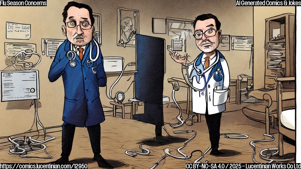 Cartoon of a worried-looking doctor with a stethoscope around their neck, standing next to a chart showing low flu cases. In the background, a shadowy figure representing a new flu strain looms, and a tumbleweed rolls across a deserted vaccination clinic.