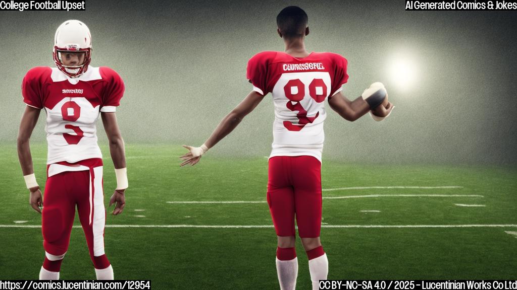 Cartoon illustration. A sad-looking football player, wearing a crimson and cream jersey with the number '8' on it, standing on a green football field. Rain clouds above. The football player is holding a football, his head hung low. Plain background.