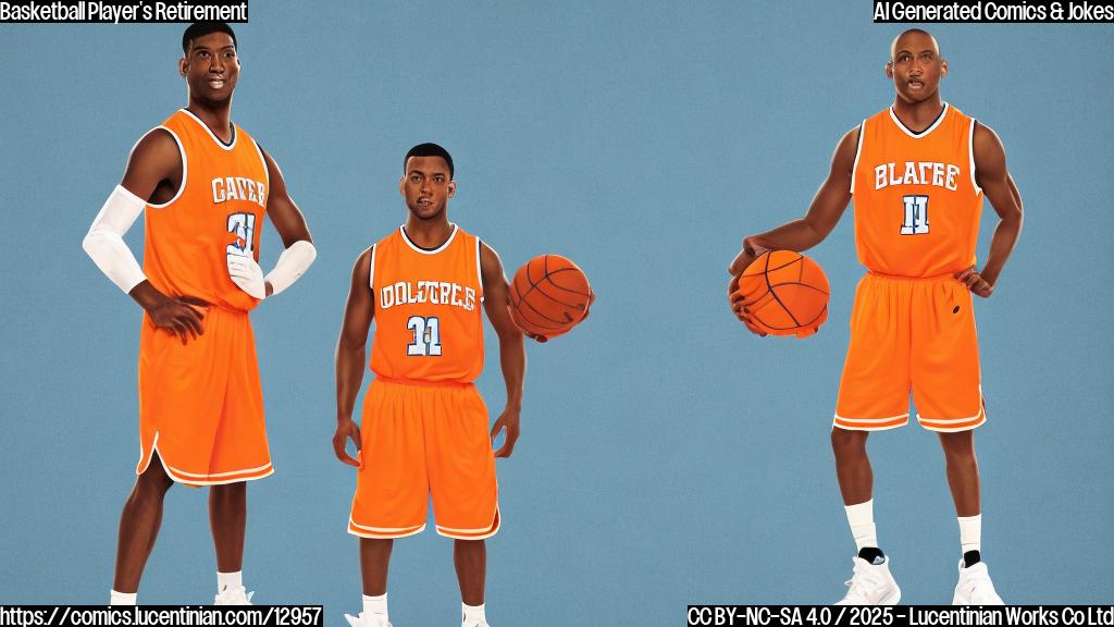 A plain color cartoon style image of a basketball player with an orange uniform holding a basketball and standing next to a small ladder, looking slightly confused. The background is a solid light blue.