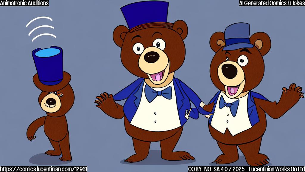 A simple cartoon drawing of a brown animatronic bear with a top hat standing on a stage under a spotlight. It looks nervous but excited. The background is a plain blue.